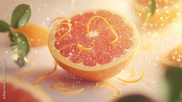 Fototapeta composition featuring a grapefruit cut in half, surrounded by zest curls and green leaves, set against a minimal light-colored background. 