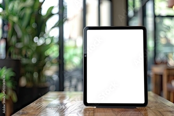 Fototapeta Flawless Picture of Mockup Blank Screen Tablet with Stand on Wooden Table, Vertical View