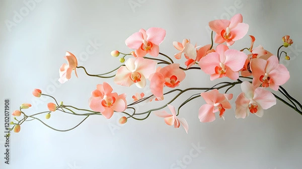 Obraz A whimsical orchid arrangement with swirling stems and pastel-colored blooms, set against a soft white background, during a studio photoshoot