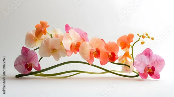 Obraz A whimsical orchid arrangement with swirling stems and pastel-colored blooms, set against a soft white background, during a studio photoshoot