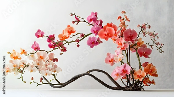 Obraz A whimsical orchid arrangement with swirling stems and pastel-colored blooms, set against a soft white background, during a studio photoshoot
