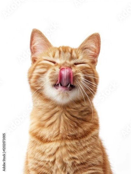 Obraz Ginger kitty enjoys licking a screen in a bright, isolated setting