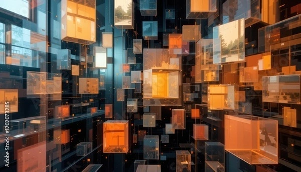 Fototapeta Abstract data cubes cityscape background digital art