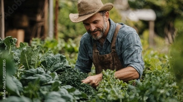 Fototapeta A middle-aged man smiles while tending to his kale plants in his garden.