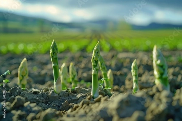 Fototapeta Sharp Picture of Closeup of Green Asparagus Sprouts Grow in the Field