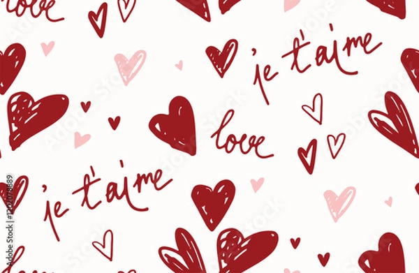 Fototapeta Romantic vector seamless hand drawn pattern, textile fabric print, background, wrapping paper design. Elegant, modern, simple and cute red, pink ink hearts, love lettering, Valentine's Day calligraphy