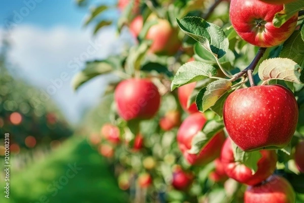 Fototapeta Premium Quality Visual of Apple Trees with Ripe Apples and Blue Sky