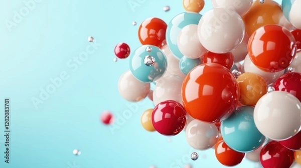 Fototapeta A vibrant display of colorful spheres and bubbles on a soft blue background, showcasing playful shapes and reflections that invite curiosity and imagination.