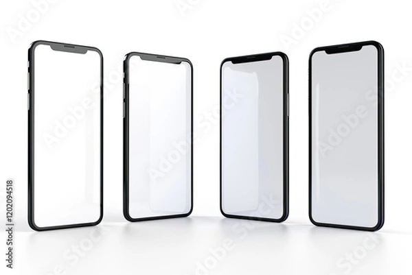 Fototapeta Set of Four Smartphones, Blank Screen and Isolated on White Background Template, Mockup