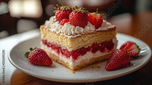 Fototapeta Delicious Slice of Strawberry Cream Cake Decorated with Fresh Strawberries and Whipped Cream on a White Plate in a Cozy Café Setting