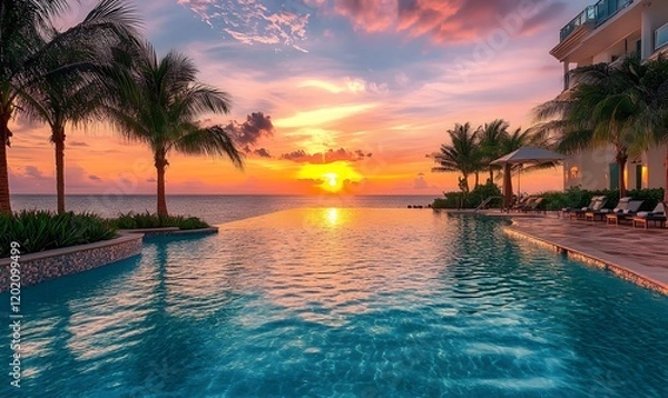 Fototapeta Stunning sunset over the ocean with an infinity pool and palm trees creating a tropical paradise