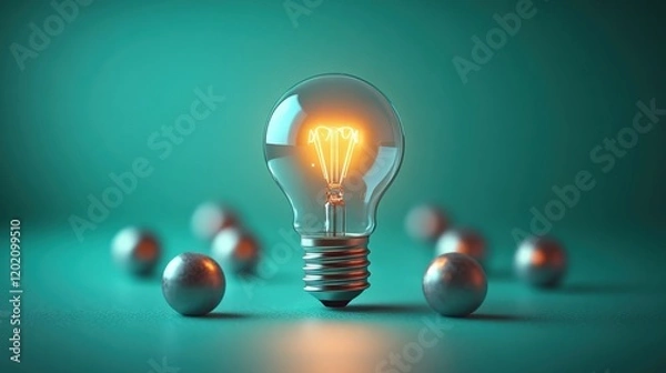 Fototapeta Illuminated Light Bulb on Teal Background