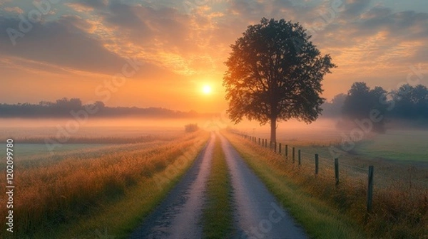 Fototapeta Golden sunrise over a foggy countryside road with a lone tree and an ethereal mood