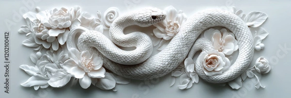 Fototapeta 2025 Snake, Seollal, year of the Snake, Beautiful and Elegant white Snake, adorned with white flowers, for Korean LUNAR NEW YEAR, Chinese New Year	
