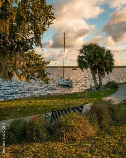 Fototapeta A sailboat rests on the water near a park bench and palm tree at Boathouse Riverfront Park, Palatka, Florida