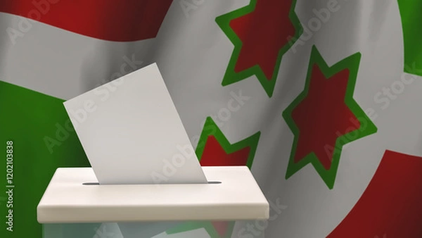 Fototapeta Blank ballot with space for text or logo is dropped into the ballot box against the background of the flag of Burundi. Election concept. 3D rendering. Mock up