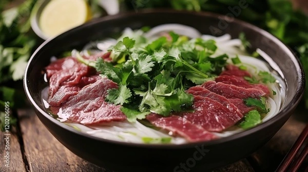 Fototapeta Image of rice and Vietnamese pho with beef slices and fresh herbs in a traditional bowl, emphasizing aromatic and savory qualities. Ideal for Vietnamese cuisine and comfort meals.