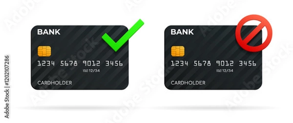 Fototapeta Credit or debit bank card with check mark and prohibition sign, vector illustration. Opening or closing a bank account.  