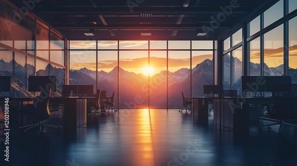 Fototapeta Modern Office with Stunning Mountain View at Sunrise