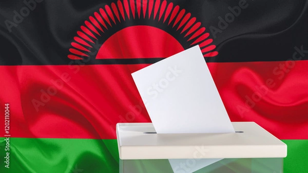 Fototapeta Blank ballot with space for text or logo is dropped into the ballot box against the background of the flag of Malawi. Election concept. 3D rendering. Mock up