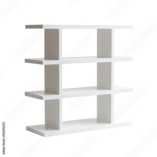 Fototapeta A minimalist white shelving unit with three shelves and multiple cubbies is shown against a white background.