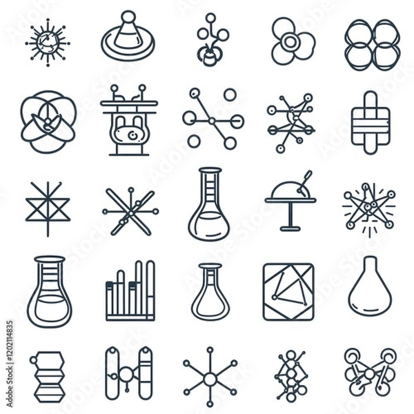 Fototapeta A sleek and modern set of scientific icons in clean line art style showcasing 50 essential elements for chemistry physics and biology research and education