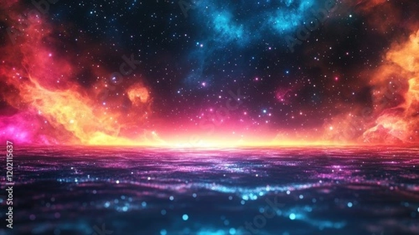 Obraz Colorful cosmic sea with distant galaxies and luminous waves under vibrant night sky