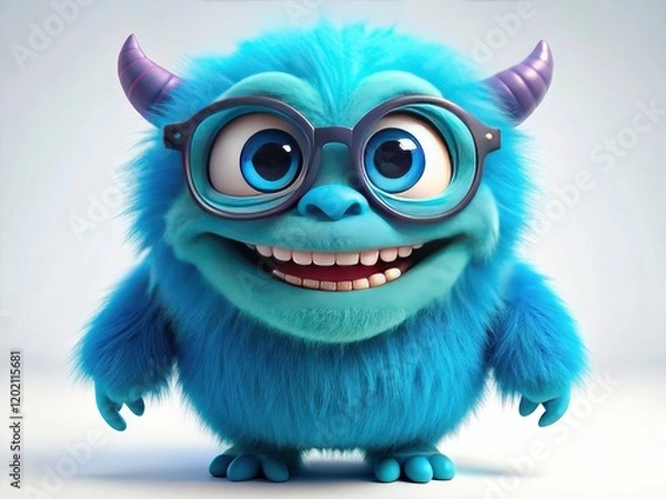 Fototapeta Adorable blue alien with four eyes, a whimsical character against a stark white background, composing using the rule of thirds.