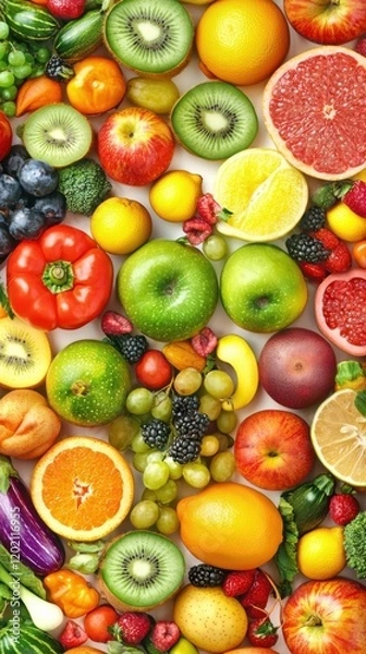 Fototapeta Healthy eating background / studio photography of different fruits and vegetables isoleted on white backdrop, top view. High resolution product.