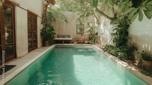 Obraz A pool with a bench and a tree in the background