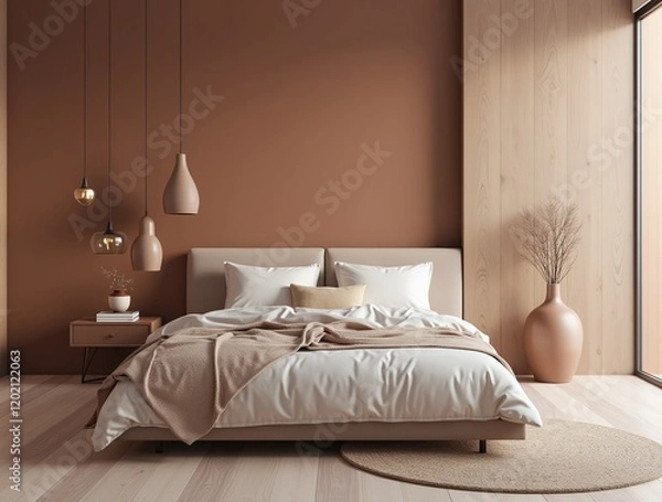 Fototapeta Luxurious bedroom with warm Mocha mousse color scheme 2025 trend Brown walls, light gray bedroom interior. Cement blank background for art