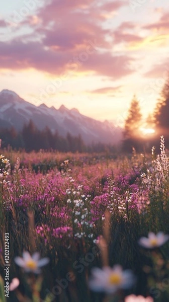 Fototapeta A serene landscape showcasing a vibrant field of flowers at sunset with mountains in the distance