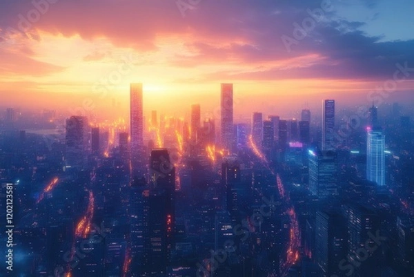 Fototapeta futuristic megalopolis viewed from above, with holographic data streams connecting skyscrapers, neon purple and cyan light trails weaving through glass towers at dusk