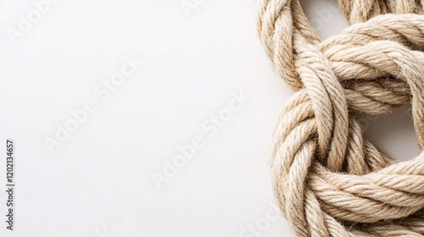 Fototapeta Thick rope creating knots on white background with copy space