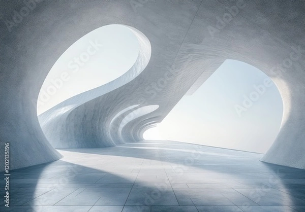 Fototapeta Abstract architectural interior with smooth curves and light reflections, creating a serene and modern atmosphere that exemplifies minimalist design principles and open space.
