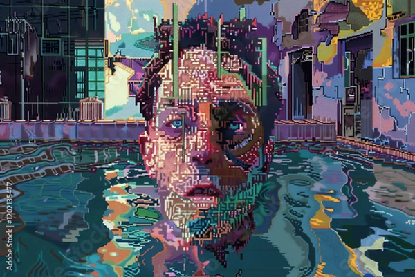 Fototapeta Explore the depths of the subconscious through a pixel art representation of the Surrealist movement Emphasize dreamlike imagery, distortions, and unexpected juxtapositions