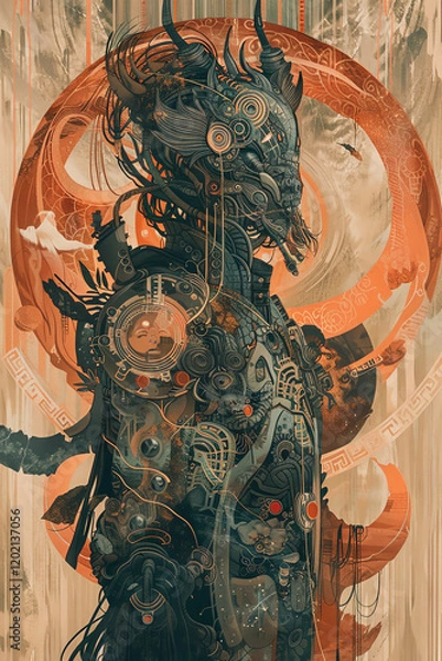 Fototapeta Illustrate a captivating traditional art piece showcasing the enigmatic convergence of advanced AI breakthroughs and awe-inspiring mythical beings from a unique side perspective, intricately detailed