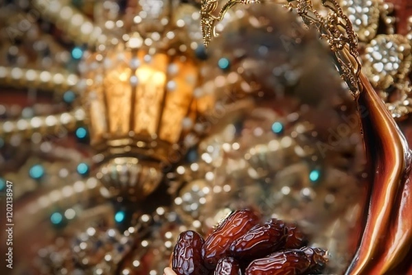 Fototapeta Delicious dates in an ornate gold bowl, perfect for Ramadan.