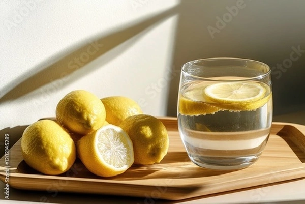 Obraz Bright lemons arranged beside refreshing glass of lemon water, e