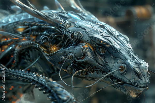 Fototapeta Produce a digital rendering of a mythical dragon intertwined with futuristic cybernetic enhancements at eye-level angle Add a dramatic Dutch angle for a unique perspective