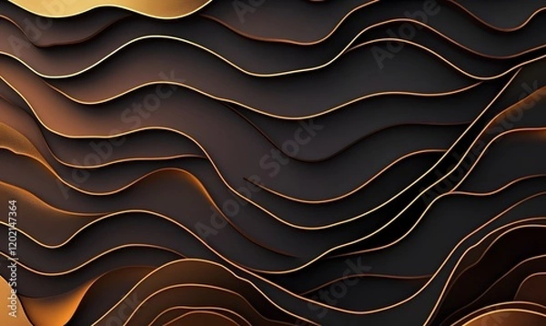 Obraz Abstract dark background with layered wavy lines in dark brown and gold colors