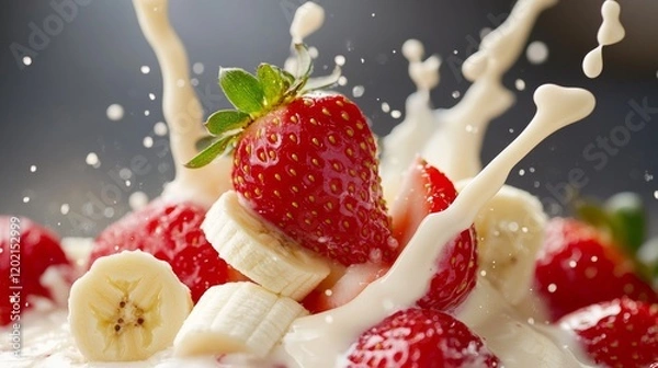 Fototapeta A vibrant splash of milk surrounds fresh strawberries and banana slices, creating a delicious and refreshing fruit scene.