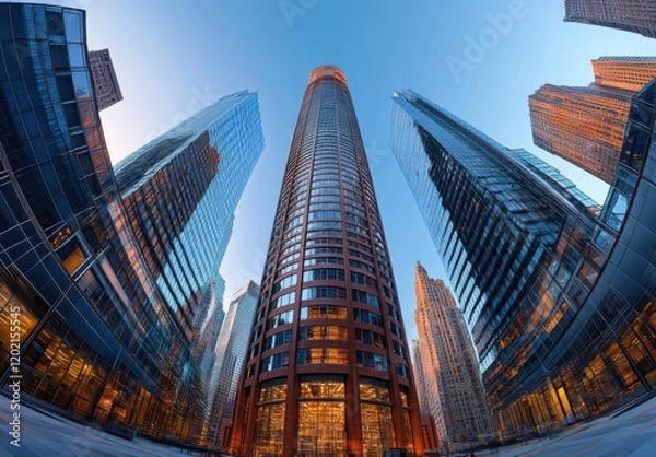 Fototapeta Majestic Skyscraper Amidst Urban Landscape at Dawn, Showcasing Reflection of Modern Architecture in Glass Facades with a Unique Fisheye Perspective and Clear Blue Sky