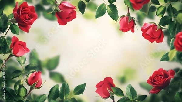 Fototapeta Red Roses Frame Green Leaves Soft Background