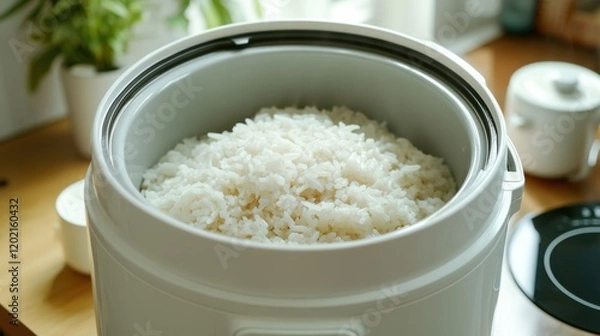 Fototapeta Modern rice cooker with freshly cooked rice. Emphasizing convenience and modern cooking technology. Ideal for appliance advertisements and cooking blogs.