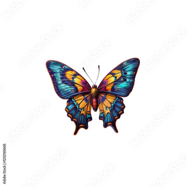 Fototapeta Vibrant Butterfly: A captivating butterfly with blue, yellow and red wings, showcasing intricate patterns and shimmering scales, a vibrant symbol of nature's beauty and delicate artistry.