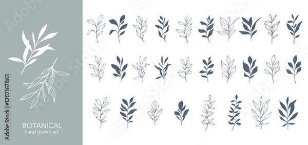 Fototapeta Greenery Line Art. Botanical Background trendy minimalist leaves and branches. Hand drawn floral elements. Floral Line Art Illustration. Luxury Line Floral Art.