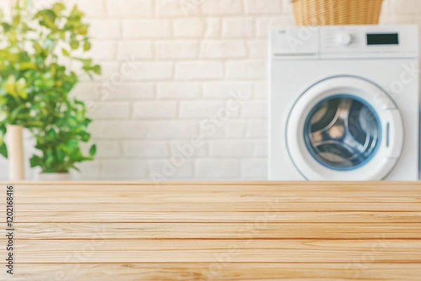 Obraz Empty wooden tabletop with blurred washing machine and white brick wall in laundry room background for product display