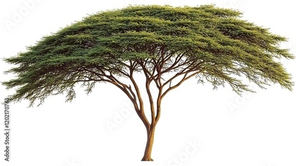 Fototapeta A lone acacia tree with a flat, wide canopy and slender trunk standing against a solid white backdrop