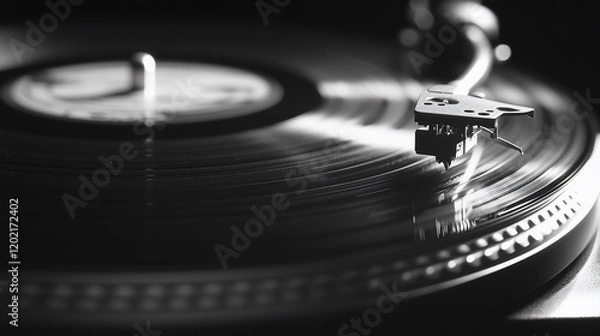 Fototapeta Vinyl record playing on turntable, close-up, dark background, music concept